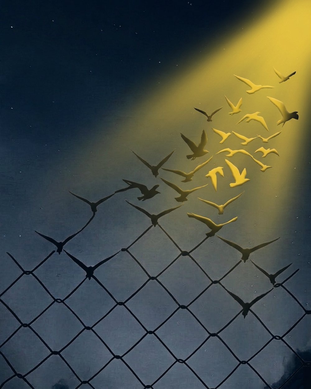 Un cerco de alambre que se transforma en aves volando hacia la luz